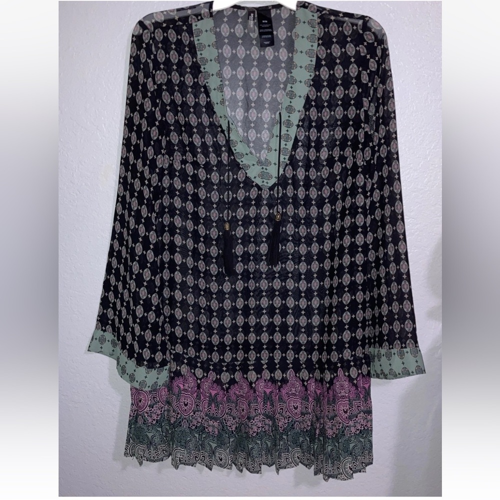 Bisou Bisou Boho Chic Sheer Geometric Floral Dress Bell Sleeves Tassels Sz M
